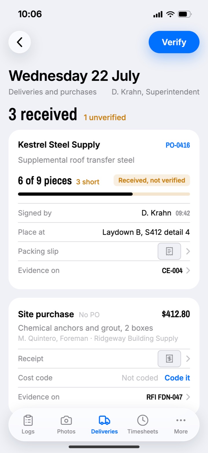 Delivery on a phone: a packing slip checked against the purchase order, with a shortage flagged