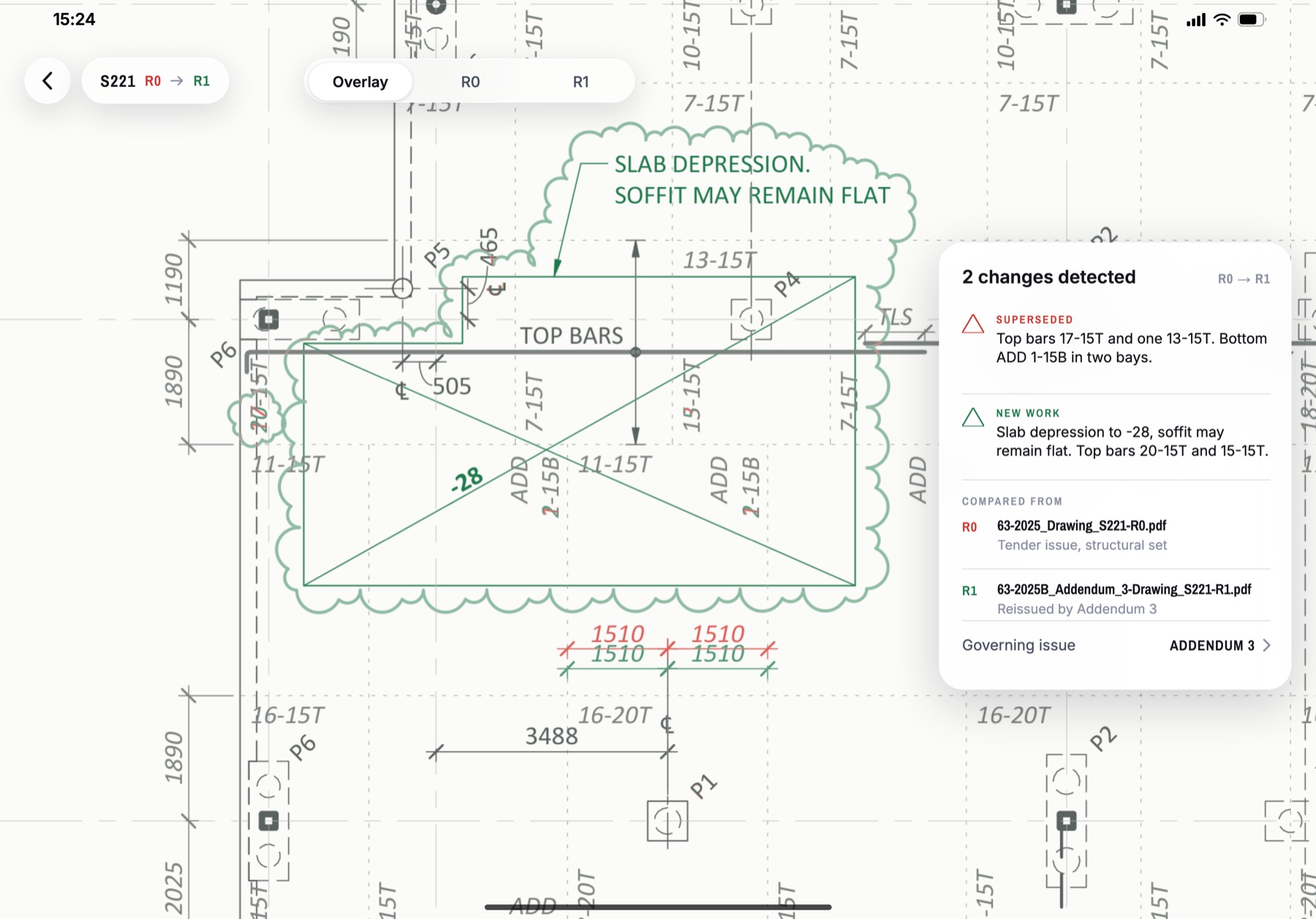 Drawing comparison on iPad: sheet S221 revision R0 overlaid on R1, two changes detected and listed beside the drawing