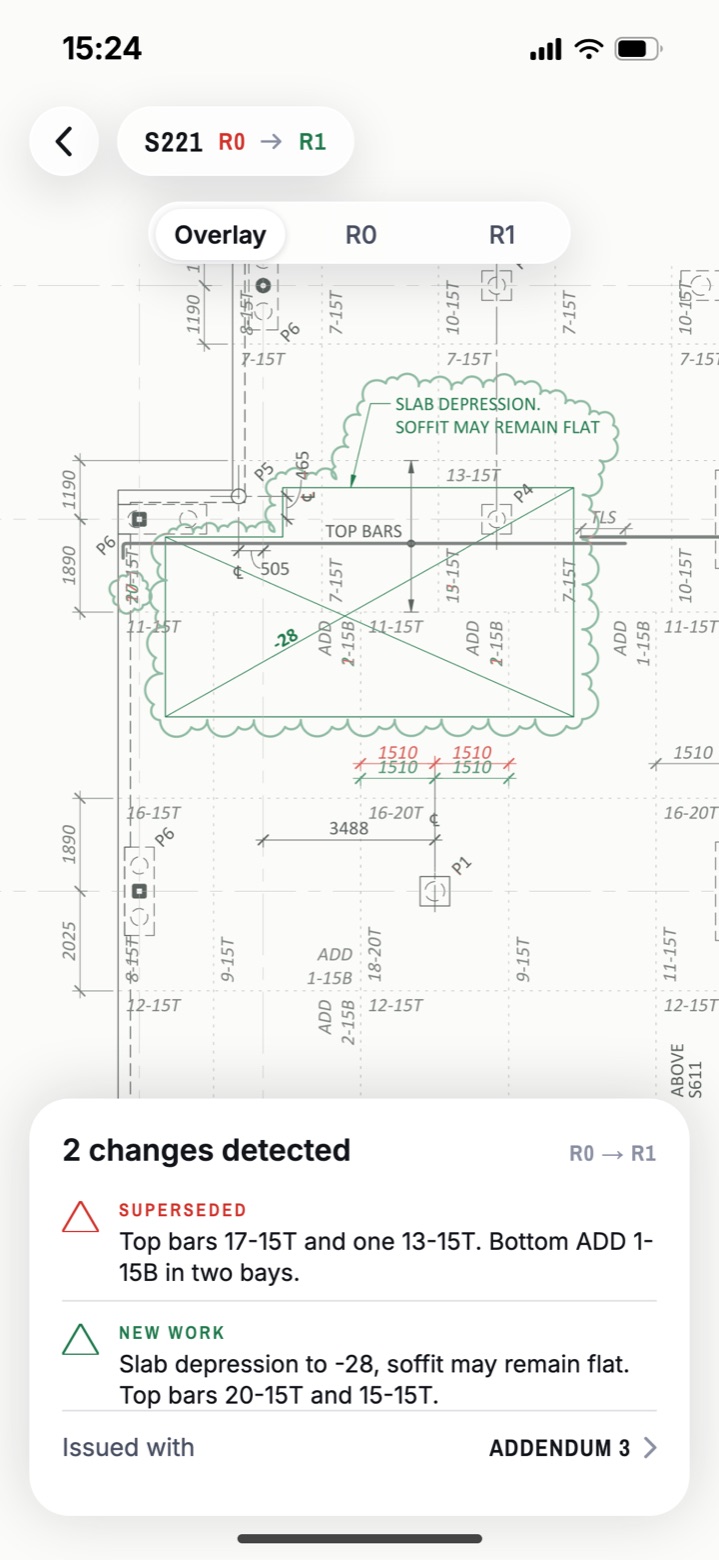 Drawing comparison in the Field Agent App: sheet S221 revision R0 overlaid on R1, with two detected changes clouded