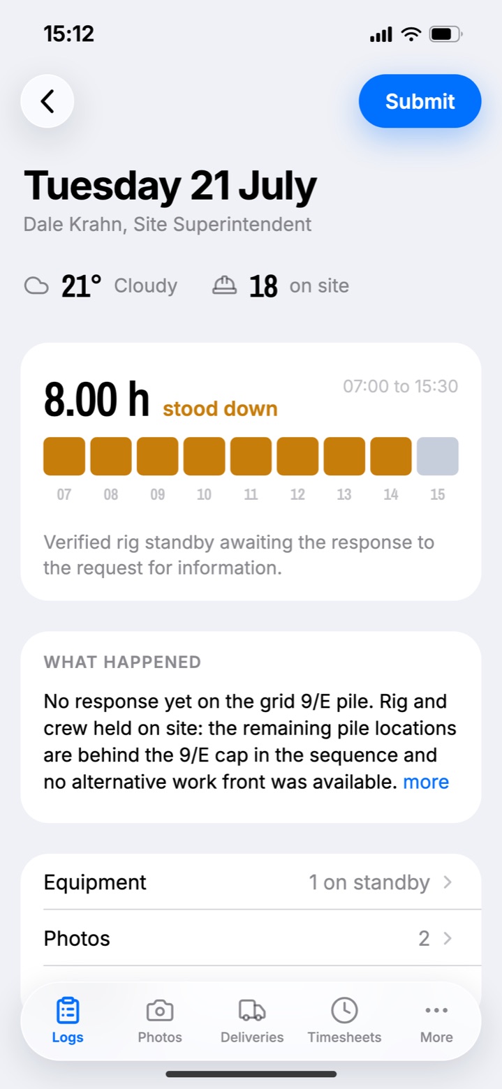 Timesheets on a phone: a day logged as eight hours stood down, with the reason for the standby